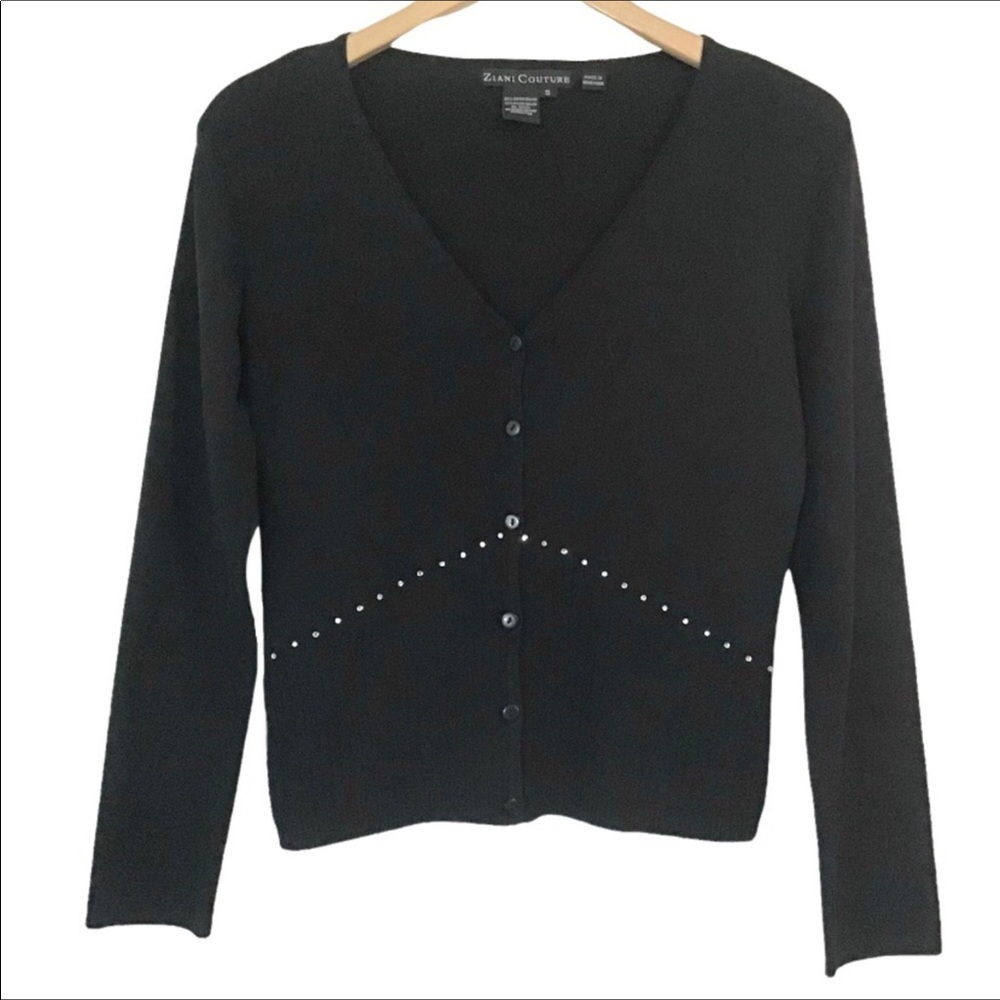 Ziani Couture Rhinestone Embellished Cardigan Sweater Black Button Down V Neck